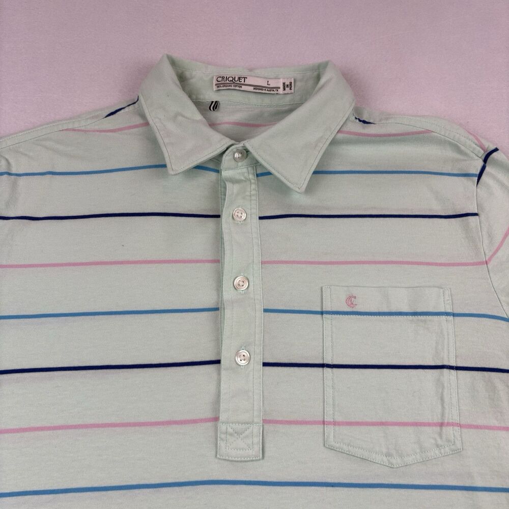 Criquet Mens L Mint Green Striped Organic Cotton Short Sleeve Golf Polo Shirt